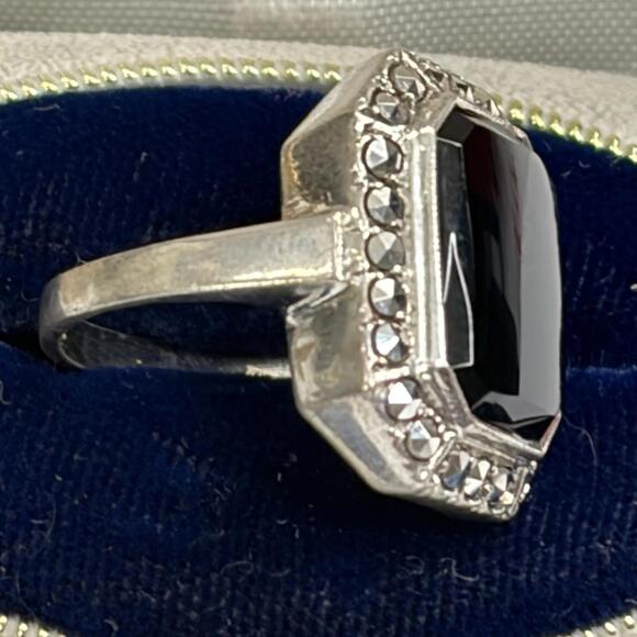 Onyx Marcasite sterling ring sz 6.5 vintage 40s - Picture 4 of 6